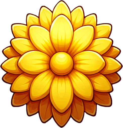 A round yellow flower. Top down view.
Single Game Texture. In-Game asset. 2d. Blank background. High contrast. No shadows.