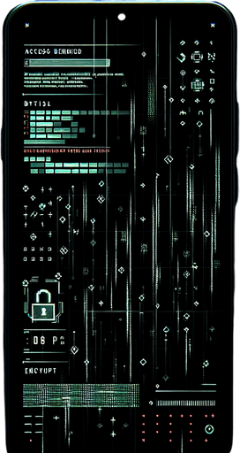 Create a minimalistic hacked mobile phone background with a solid black base. Add subtle glitch effects like faint pixel distortions and soft horizontal lines. Incorporate low-opacity green Matrix-style symbols cascading or scattered sparsely in the background. Include fragmented text elements like "Access Denied" or "Encrypted" in a modern, faint font. Use small red accents to emphasize the seriousness of the hack while maintaining ample negative space. Ensure all elements are subtle to avoid overshadowing foreground app icons..
Single Game Texture. In-Game asset. 2d. Blank background. High contrast. No shadows.