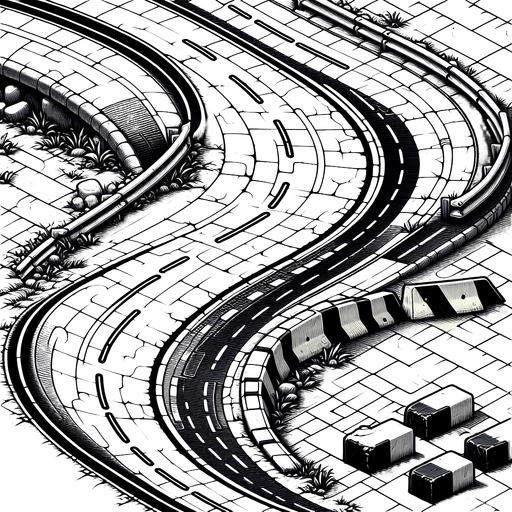 A road going left turn right turn speed pump & obstacle.
Single Game Texture.  In-Game asset.  Blank background.  High contrast.  No shadows