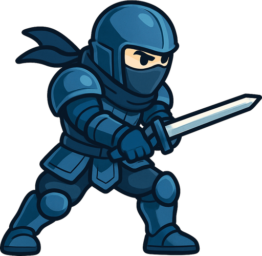side scroller blue steel armored ninja aksi koreographi  dua tangan memegang pedang ke depan
In-Game asset.  2d. No shadows