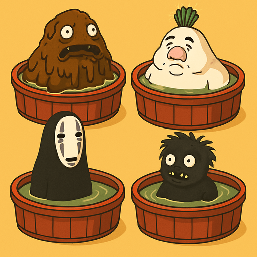 Japanese circle bath have different stink spirits from movie "spirited away". each one per bath. HD colors.
In-Game asset.  2d.  High contrast.  No shadows