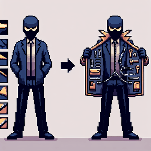 uma spritesheet de um espião desconhecido, a segunda sprite é dele abrindo sua jaqueta para mostrar os itens que ele tem pixel art.
Single Game Texture. In-Game asset. 2d. Blank background. High contrast. No shadows.