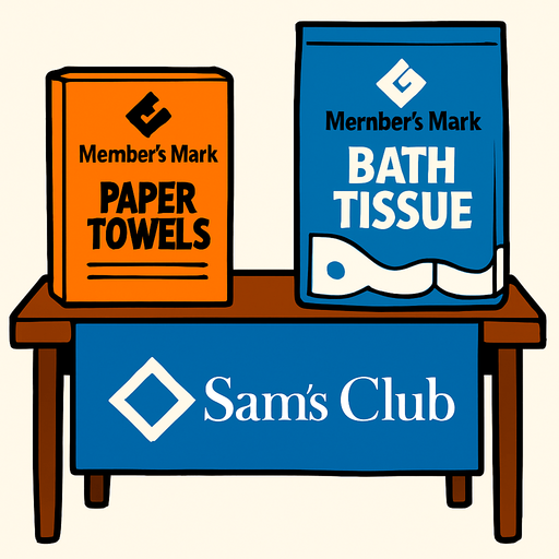 Que tenga un mantel azul  con el logo de sams club, sean menos productos y la mesita sea mas alta, el mantel no llega hasta el suelo, si no hasta a la mitad de la altura y permite ver las patitas de la mesa