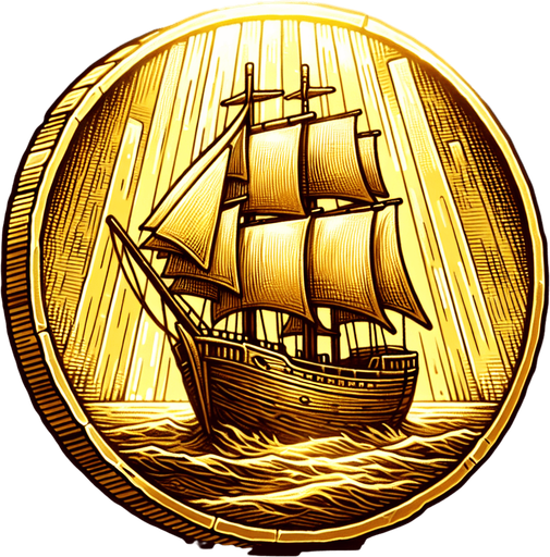 a single shining yellowish golden coin with the boat  on it.
Single Game Texture.  In-Game asset.  2d.  Blank background.  High contrast.  No shadows
