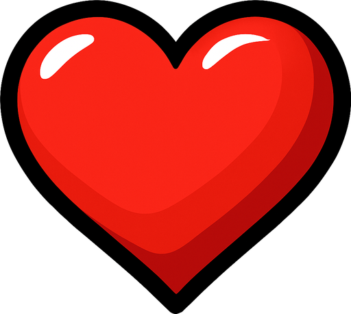 Red Heart, shiny, 3d, highly stylized, simple, black outline..
In-Game asset.  2d.  High contrast.  No shadows