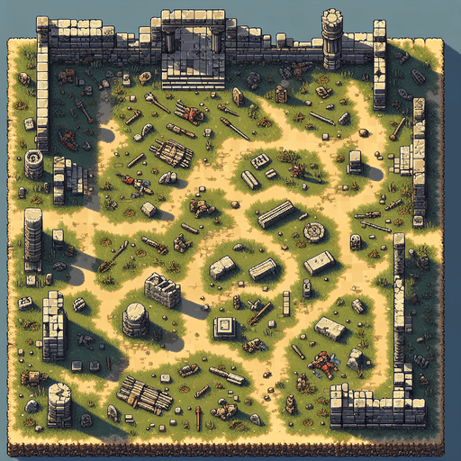 Make a birds eye view of an abandoned ancient battlefield in an 8bit style that would make a good background for a mobile game that would fill the entire screen with no walls.
Single Game Texture. In-Game asset. 2d. Blank background. High contrast. No shadows.