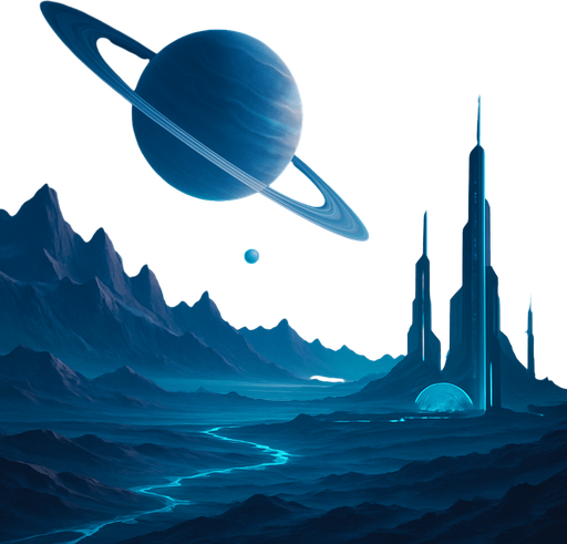 a futuristic space landscape. only one small planet visible in the sky.
No flying objects