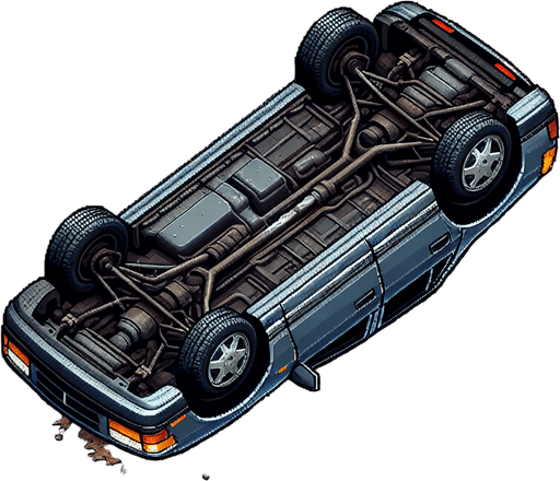 Top down overturned car sprite. Transparent.
Single Game Texture.  Blank background.  High contrast.  No shadows. Overhead