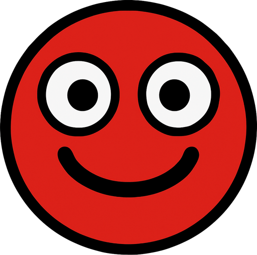 Red ball with two white eyes, inside the eyes are medium sized black dots, and a black smiley mouth.
In-Game asset.  2d.  High contrast.  No shadows