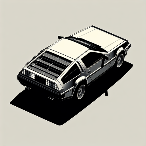 DeLorean car, seen from behind

Top-down, gta2, Single Game Texture. In-Game asset. 2d. Blank background. High contrast. No shadows.isometric