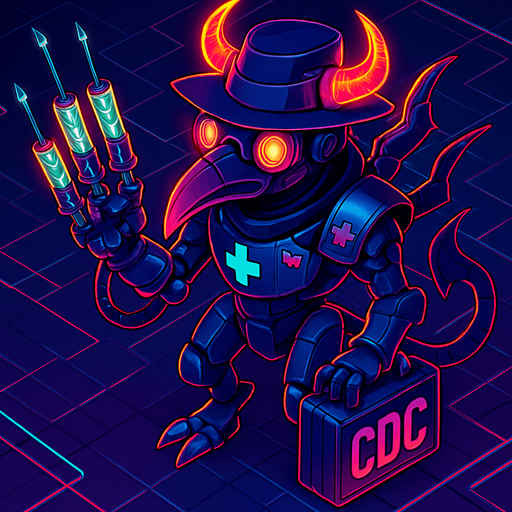 Neon cyberpunk anime top down isometric animatronic plague doctor cyborg demon medic CDC corporate robot monster disease pestilence medicine syringes