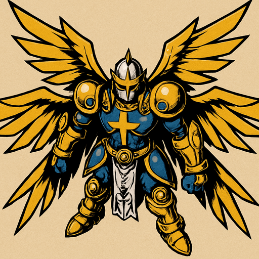 Seraphimon, visto desde arriba, calidad y detalles altamente épicos, Digimon.
In-Game asset.  2d.  High contrast.  No shadows