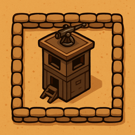 Top view of an small defense Military tower Brown in the desert, the image has a square border outlined by military defense sandbags.
In-Game asset.  2d.  High contrast.  No shadows