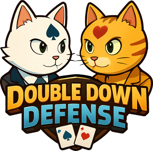 Incorporate these two cats heads into a game logo for a poker based tower defense that includes the name “Double Down Defense”. Put their heads offset on either side with eyes open and looking at the logo.
