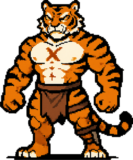 Tigre furry fuerte con una marca de x en su pectoral y pixeleado y que se vea todo su cuerpo, con un taparrabos y una piernera con una daga 
In-Game asset.  2d.  High contrast.  No shadows