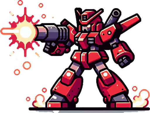 red robot look like gundam shoot enemy.
Single Game Texture.  In-Game asset.  2d.  Blank background.  High contrast.  No shadows