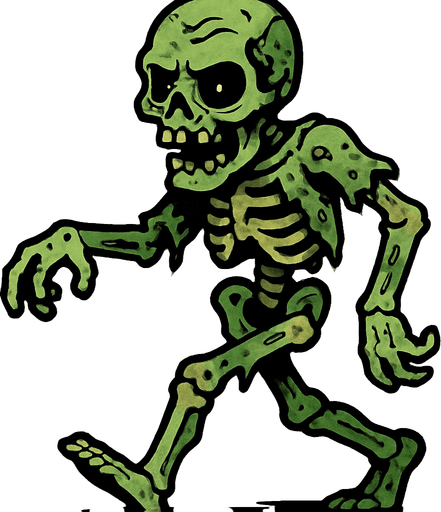 Esqueleto zombi en cuerpo completo caminando.
In-Game asset.  2d.  High contrast.  No shadows