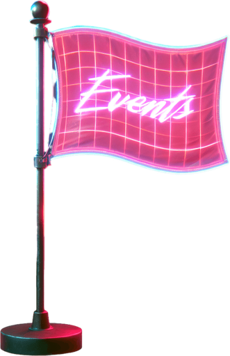 retro cyberpunk pole flag in neon colors with the words 'events' on it..
Single Game Texture. In-Game asset. 2d. Blank background. High contrast. No shadows.