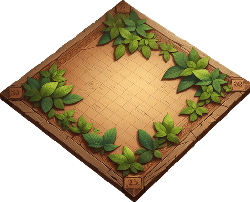 A wooden play board with leaves. Fantasy.
Single Game Texture. In-Game asset. 2d. Blank background. High contrast. No shadows.