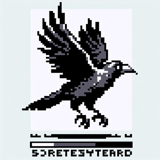8-bit profile of crow flying straight.
Single Game Texture. In-Game asset. 2d. Blank background. High contrast. No shadows.