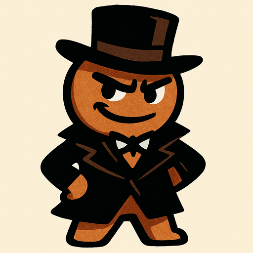 Bana biraz sinsi gülüş atan, siyah şapkası ve giysisi olan bir kurabiye çiz (Asil dursun) ..
In-Game asset.  2d.  High contrast.  No shadows