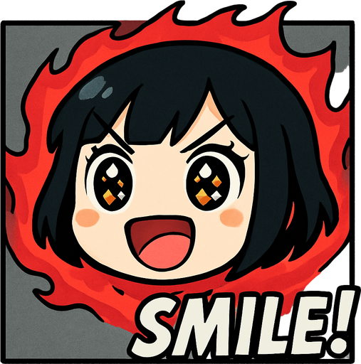 Haz una animación en la que solo se vea su cara recortada, un aura de energía roja rodeándola, y que aparezca como una viñeta que demuestre que está a punto de hacer su acción definitiva. Que escriba la palabra SMILE! abajo a la derecha. La imagen debe tener un fondo color gris