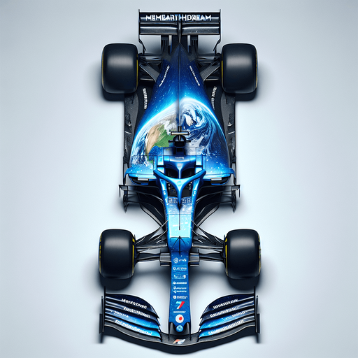 F1 race car. Glossy blue body painting and half covered with planet blue Earth. 
Blue front wing. 
myearthdream.com text on black rear wing. 7 number  on the nose of the car. Red Honda logo with White R logo on the nose of the car. Top view..
Single Game Texture. In-Game asset. 2d. Blank background. High contrast. No shadows.