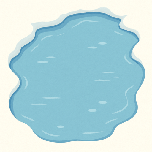 A simple top-down 2D illustration of a calm arctic lake. The scene shows the edge of the water, with a soft, snowy shoreline framing the top and one side of the image. The lake itself is a calm, light blue, with subtle light reflections on the surface to suggest water. The art style is soft and clean, like a children's book illustration..
In-Game asset.  2d.  High contrast.  No shadows