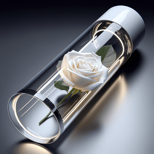 elegant white rose in a long transparent futuristic glass tube.
