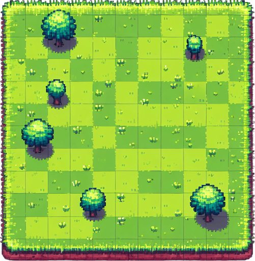 Pixel art, Top down view green grass and a couple trees.
Single Game Texture. In-Game asset. 2d. Blank background. High contrast. No shadows.