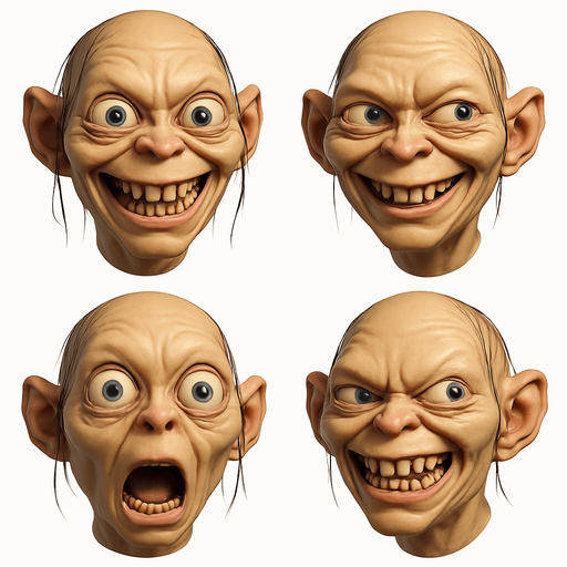 3D Scary but funny and cute face meme of gollum. only face, different faces look.
In-Game asset.  3D.  High contrast.  No shadows. only face
