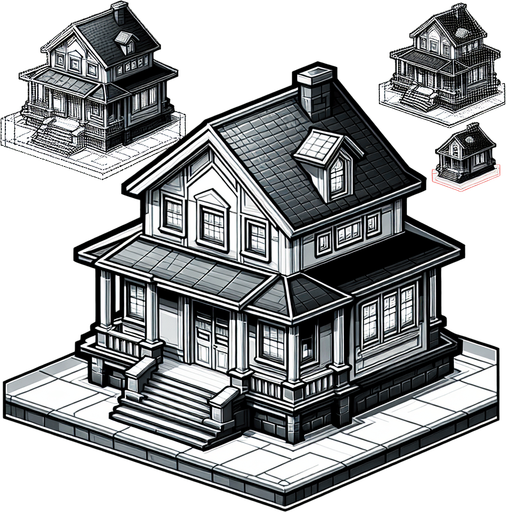 A house.
Single Game Texture.  In-Game asset.  2d.  Blank background.  High contrast.  No shadows