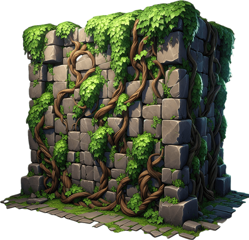 A barier wall with vines on it.
Single Game Texture.  In-Game asset.  2d.  Blank background.  High contrast.  No shadows