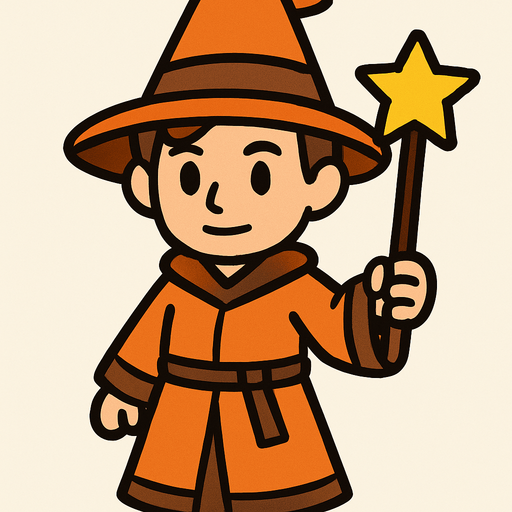 Mago con sombrero naranja y marrón sin barba con varita con estrella, de cuerpo entero.
In-Game asset.  2d.  High contrast.  No shadows