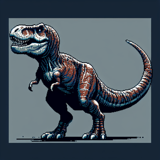 Create a left-facing version, 2d, trex ,pixel art.
Single Game Texture. In-Game asset. 2d. Blank background. High contrast. No shadows.