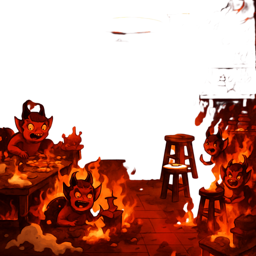 change santas to little devils and make everything chaotic and flames and snows. a whiteboard in the middle of the image as it is now