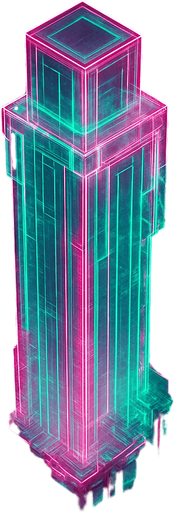 Massive futuristic neon hologram skyscraper top down isometric poking out of clouds from above elaborate cyberpunk architecture glowing pink green projection hologram 3d