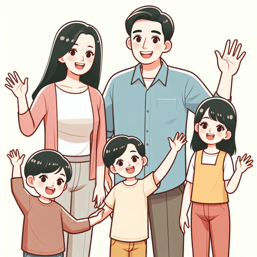 A smiling family waving..
Single Game Texture. In-Game asset. 2d. Blank background. High contrast. No shadows.
