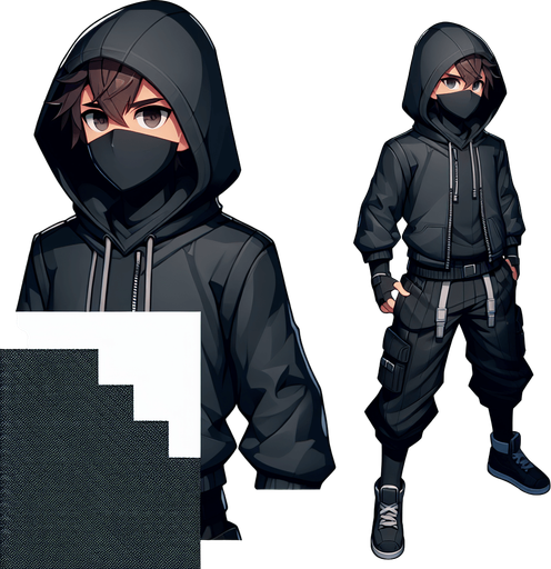 A ninja kid thief, full body, with a dark colored hoodie.
Single Game Texture. In-Game asset. 2d. Blank background. High contrast. No shadows.