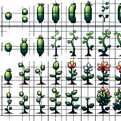 A spritesheet showing a pea plant in various stages of germantion, from pea over sapling and to full grown plant with colorful flowers, and then with ripe pea pods. The sprites should be laid out in a rectangular grid with blank space between them..
Single Game Texture. In-Game asset. 2d. Blank background. High contrast. No shadows.