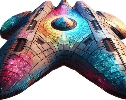 “Энигма” представляет собой величественный космический корабль, выполненный в форме кристалла с плавными, органическими линиями. Его корпус переливается всеми цветами радуги, создавая впечатление, что корабль постоянно меняет свой облик. На поверхности можно заметить сложные узоры, напоминающие древние руны, которые светятся мягким светом..
Single Game Texture. In-Game asset. 2d. Blank background. High contrast. No shadows.