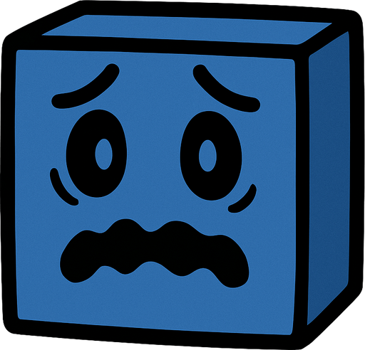 The cube of this game should look scared, its color should be a worried color, it should not have hands or feet and it should be 3D..
In-Game asset.  2d.  High contrast.  No shadows