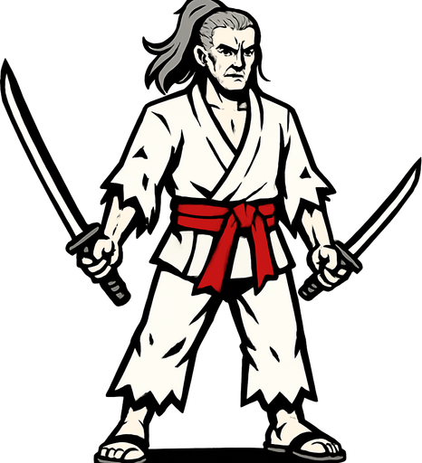 A white-clothed male samurai with torn clothes, long gray hair tied back, pale skin, red belt on his waist, holding two swords, standing confidently, simple pose, no background, front-facing, 2D game character.
In-Game asset.  2d.  High contrast.  No shadows