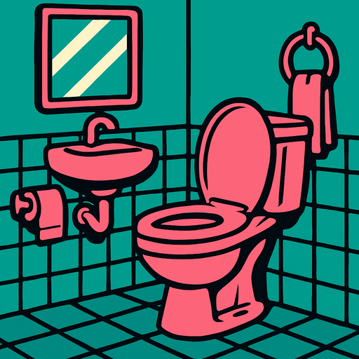 A bathroom with a pink toilet.
In-Game asset.  2d.  High contrast.  No shadows