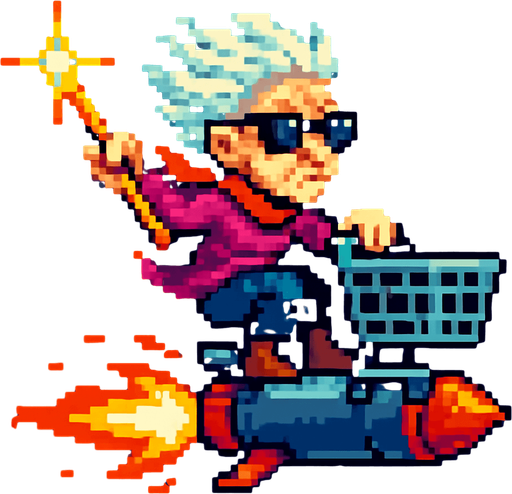 Pixel art sprite of a fierce old lady wearing sunglasses and a scarf, riding a rocket-powered shopping cart. She’s holding a glowing cane like a weapon. Side view, colorful retro 2D style.


PNG.
In-Game asset.  2d.  High contrast.  No shadows