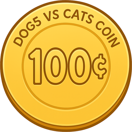 A golden shining coin with the words “dogs vs cats coin” at the top and the coin says “100¢” . No background. Transparent background. Blank background. No shadows. 2d. In-Game asset. flat