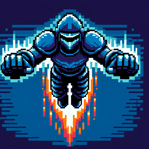 a blue iron man style armor flying horizontally.
Retro gaming style