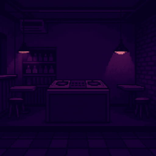 Pixel art background, 2048x2732 resolution, defeat screen for a rhythm game set in a moody bar. Dim lighting, purple and dark tones, empty DJ booth, quiet atmosphere, no characters or text..
In-Game asset.  2d.  High contrast.  No shadows
