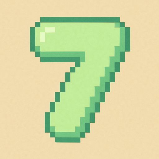 A pixel art number "7" designed for a cozy, cute retro 2D game UI with a bird theme. The number is rendered in soft pastel light green tones to harmonize with the gentle and sweet aesthetic of the game. It has a clean, simple, and rounded pixel style with no harsh edges, fitting perfectly within the pixel art UI style. The number is bold and easily readable at small sizes..
In-Game asset.  2d.  High contrast.  No shadows. pixel art. retro. 2d ui. number. pastel light green. simple. rounded edges. bold. cute. minimal