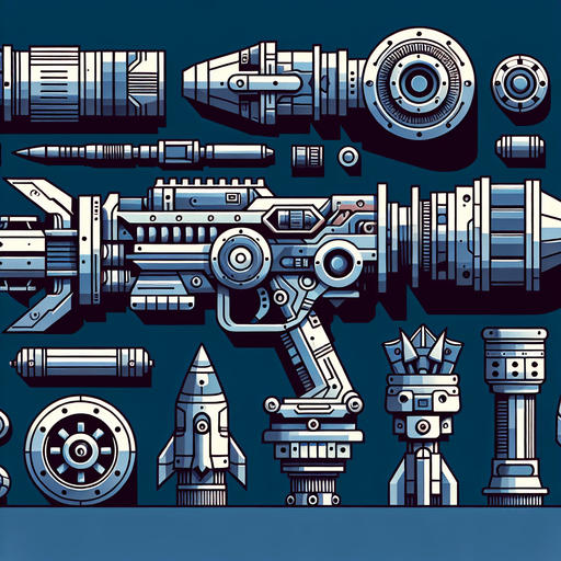 Space shooter with high weapons like missile and cannon.
Single Game Texture.  In-Game asset.  2d.  Blank background.  High contrast.  No shadows. 3d